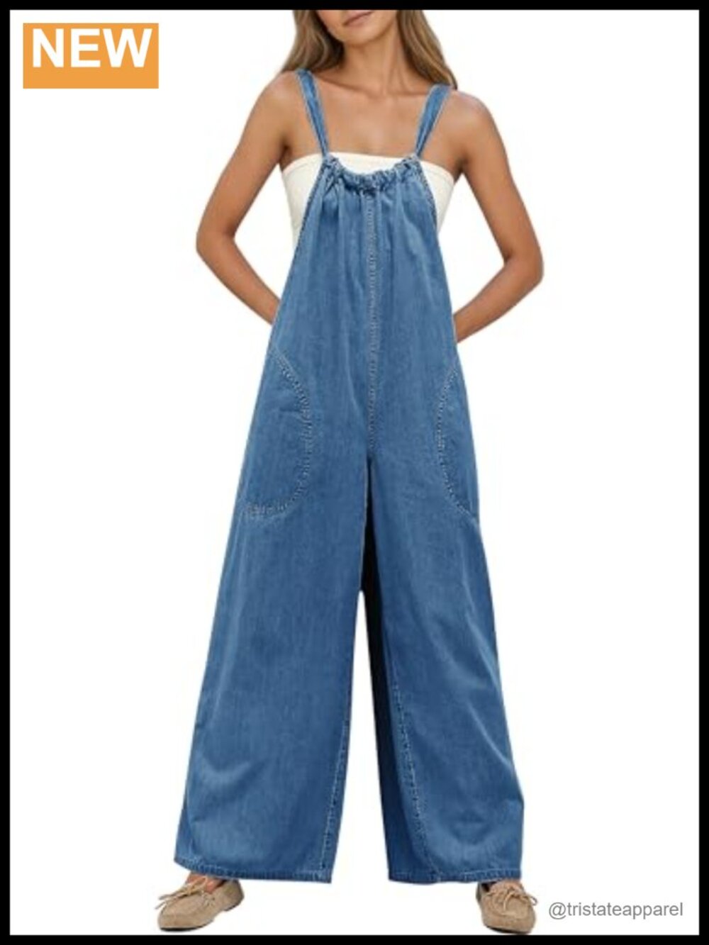Wide Leg Denim Overalls Casual Baggy Jean Jumpsuit Tie Back Cotton